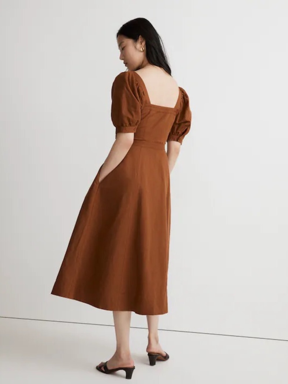Madewell Seamed Puff-Sleeve Midi Dress Warm Coffee Size 0 Linen Blend - Picture 3 of 15